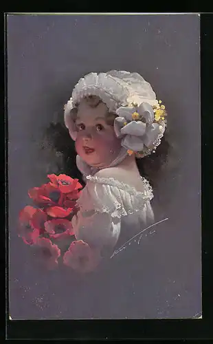 Künstler-AK Ludwig Knoefel: Kleines Mädchen mit Rüschenkappe und Mohnblumen