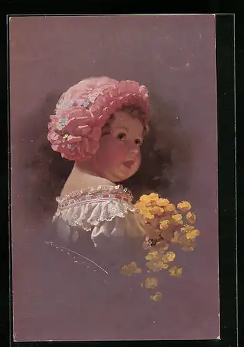 Künstler-AK Ludwig Knoefel: Kleines Mädchen mit Rüschenkappe und gelbem Blumenstrauss