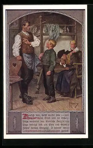 Künstler-AK Franz Kuderna: Knabe rechtfertigt sich, Deutsch sein heisst wahr sein