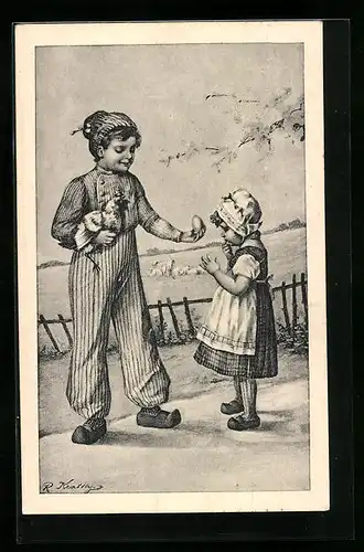 Künstler-AK R. Kratky: Knabe mit Huhn verschenkt frisch gelegtes Ei