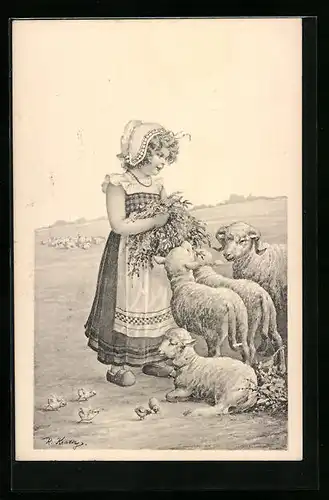 Künstler-AK R. Kratky: Kleines Mädchen mit Lämmern