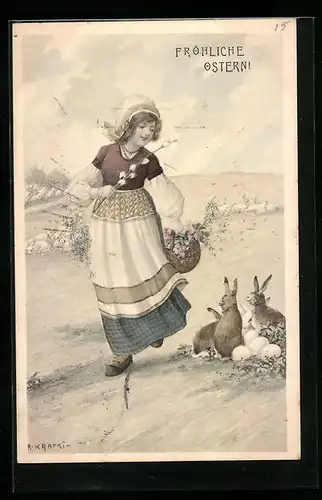 Künstler-AK R. Kratky: Mädchen mit Hasen und Eiern, Ostergruss