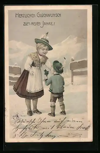 Künstler-AK R. Kratky: Kleiner Junge verschenkt Glücksklee, Neujahrsgruss