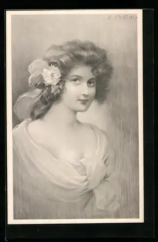 Künstler-AK R. Kratky: Junge Dame mit Locken und Blume im Haar