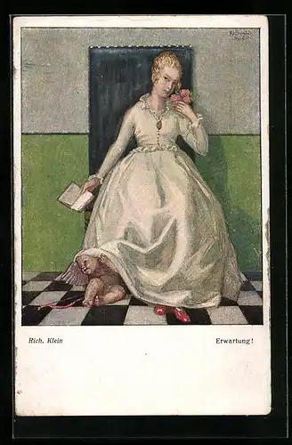Künstler-AK Richard Klein: Junge Dame mit Engel unter dem Rock