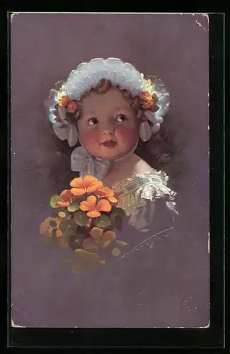 Künstler-AK Ludwig Knoefel: Kleines Mädchen mit Rüschenmütze und Blumenstrauss
