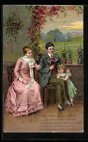 Künstler-AK Robert Kämmerer: Mein Himmel auf der Erde, Vater liest Mutter und Tochter ein Buch vor