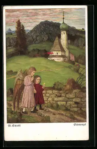 Künstler-AK Matthäus Schiestl: Schutzengel mit Kind