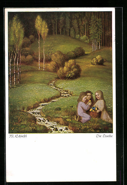 KünstlerAK Matthäus Schiestl Die Quelle, Drei Mädchen mit Blumen Nr