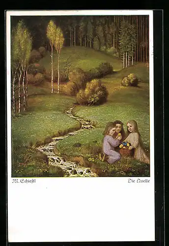 Künstler-AK Matthäus Schiestl: Die Quelle, Drei Mädchen mit Blumen