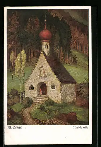 Künstler-AK Matthäus Schiestl: Waldkapelle mit Kind