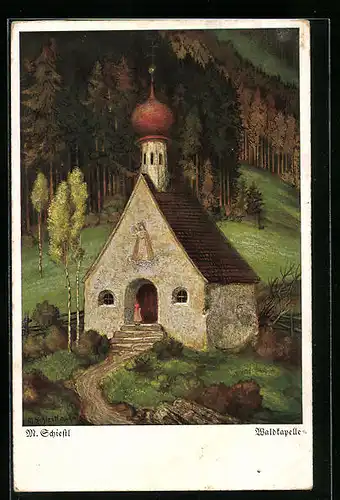 Künstler-AK Matthäus Schiestl: Waldkapelle und ein Kind