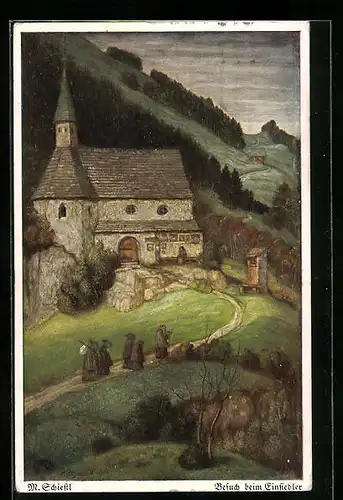 Künstler-AK Matthäus Schiestl: Besuch beim Einsiedler