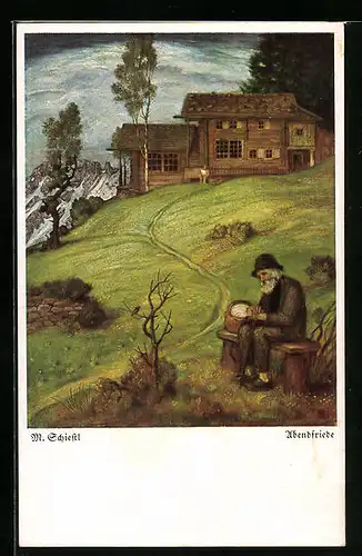 Künstler-AK Matthäus Schiestl: Abendfriede, Älterer Mann auf einer Bank