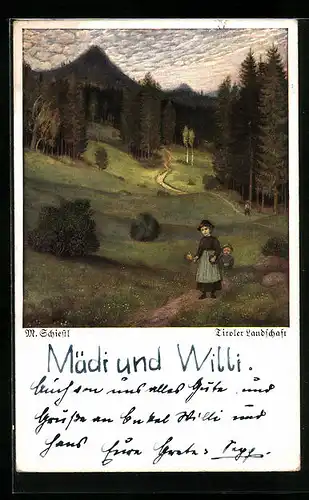 Künstler-AK Matthäus Schiestl: Tiroler Landschaft, Bruder und Schwester