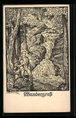 Künstler-AK Michaelis: Zwei Männer an einem Wasserfall, Wandergruss