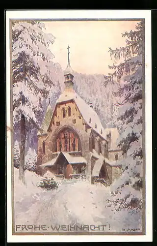 Künstler-AK Richard Moser: Kirche bei Schnee, Weihnachtsgruss