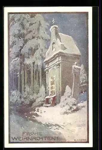 Künstler-AK Richard Moser: Kirche in einer Winternacht, Weihnachtsgruss