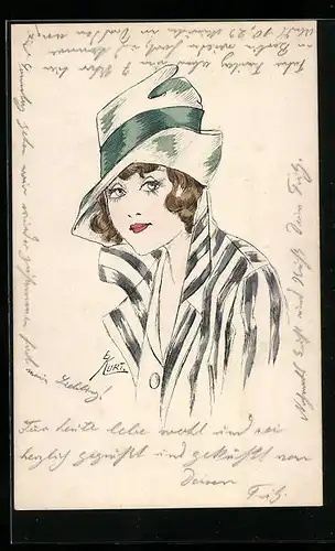 Künstler-AK Erna Maison-Kurt: Dame mit Hut und gestreiftem Mantel