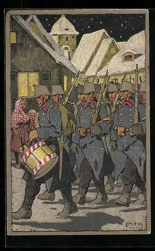 Künstler-AK Carl Moos: Schweizer Soldaten marschieren