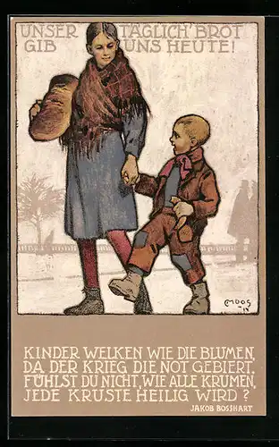 Künstler-AK Carl Moos: Kriegsnot, Frau und Kind mit Brot