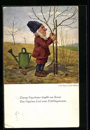 Künstler-AK Paul Lothar Müller: Zwerg bei Gartenarbeit
