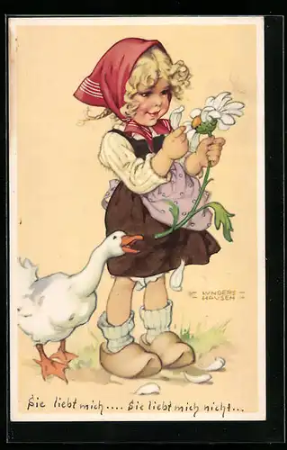 Künstler-AK Ilse Wende-Lungershausen: Mädchen mit einer Blume, Gans