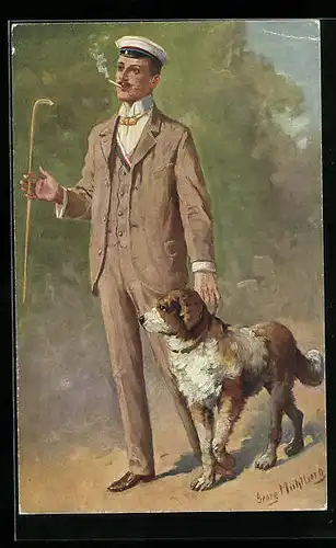 Künstler-AK Georg Mühlberg: Ein flotter Bursche, Student mit Hund