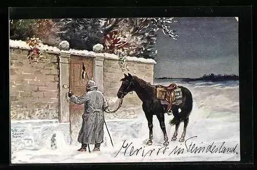 Künstler-AK Willi Scheuermann: Deutscher Soldat verirrt in Feindesland