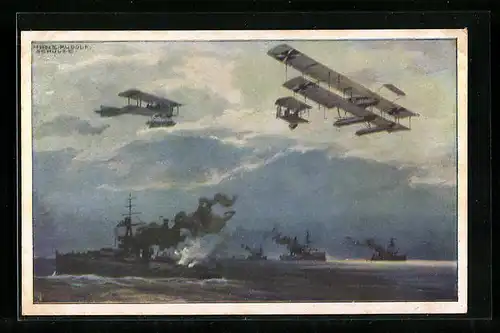 Künstler-AK Hans Rudolf Schulze: Dt. Wasserflugzeuge über engl. Flotte
