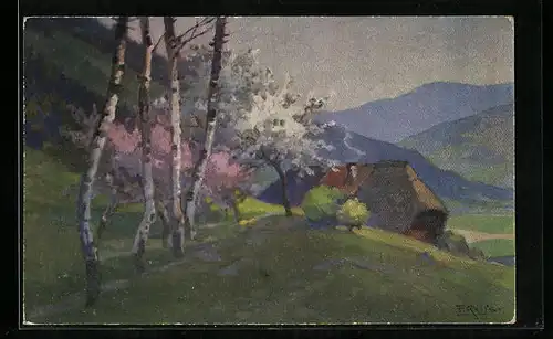 Künstler-AK Fritz Reiss: Schwarzwald-Haus und blühende Bäume im Frühling