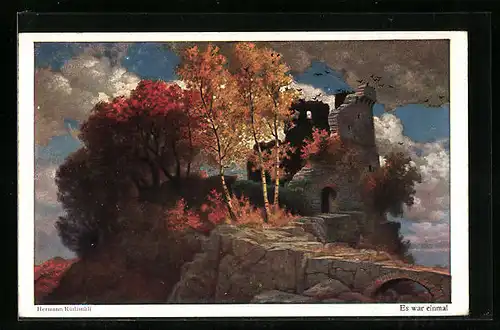 Künstler-AK Hermann Rüdisühli: Ruine mit herbstlichen Bäumen