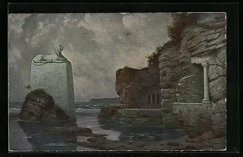 Künstler-AK Hermann Rüdisühli: Ruine mit Sphinx am Wasser