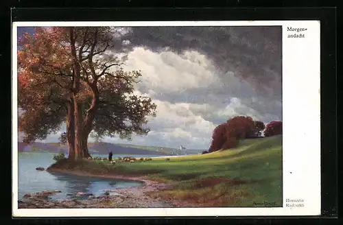 Künstler-AK Hermann Rüdisühli: Morgenandacht mit Schafen auf einer Wiese am See