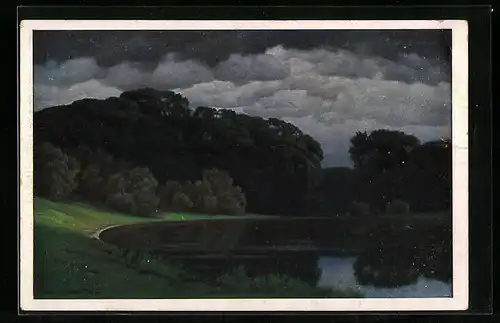 Künstler-AK Hermann Rüdisühli: Stilles Wasser mit Wiese und Bäumen