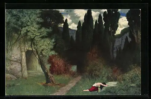 Künstler-AK Eduard Rüdisühli: Verlassene Frau auf einer Wiese