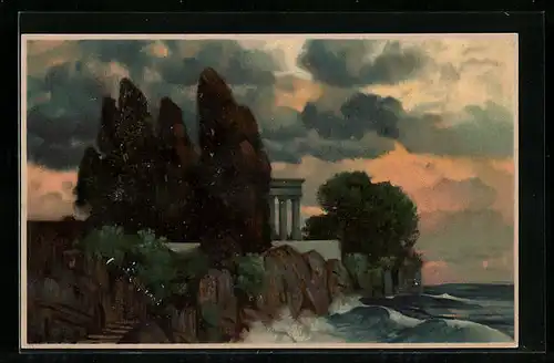 Künstler-AK Eduard Rüdisühli: Bäume auf einer Insel im Meer