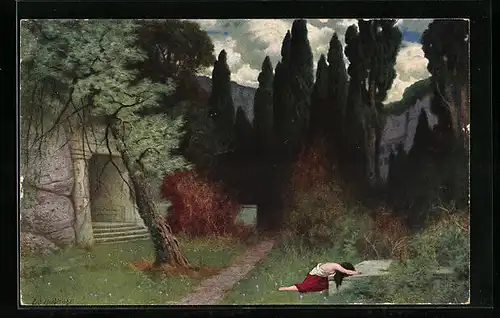 Künstler-AK Eduard Rüdisühli: Verlassene Frau in einem schattigen Hain