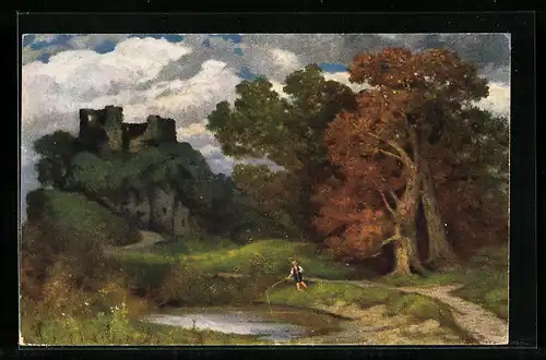 Künstler-AK Eduard Rüdisühli: Heroische Landschaft mit Angler