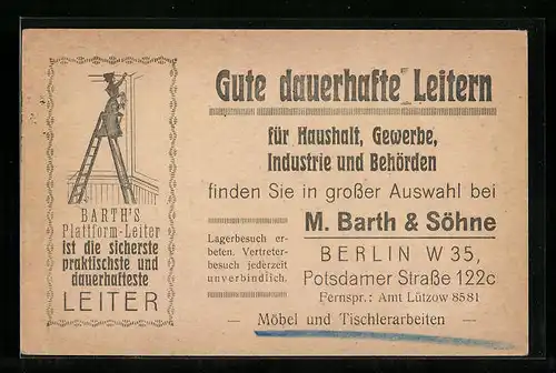 AK Reklame für Leitern bei M. Barth & Söhne, Berlin, Potsdamer Strasse 122c