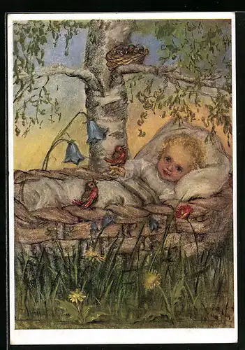 Künstler-AK Maria Spötl: Kind in einem Körbchen mit Singvögeln