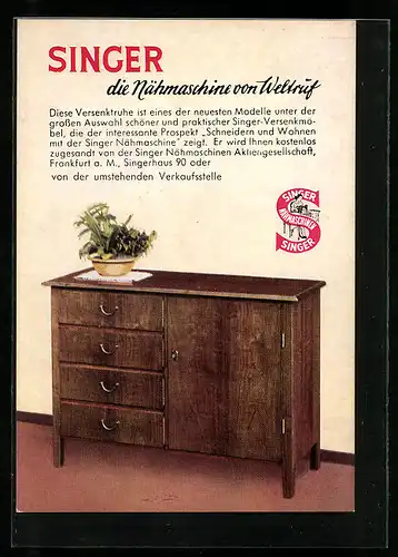 AK Reklame für Singer-Versenktruhe