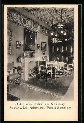 AK München, Ausstellung bemalter Wohnräume 1910, Studierzimmer, Stephan & Ball, Malermeister, Westermühlstr. 9