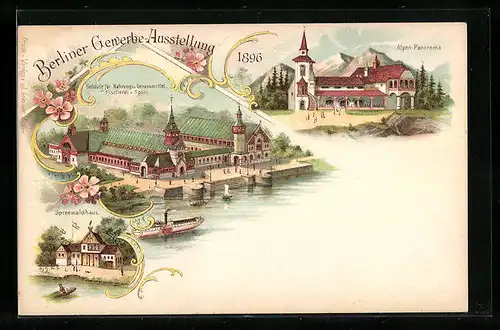 Lithographie Berlin-Treptow, Gewerbe-Ausstellung 1896, Spreewaldhaus aus der Vogelschau, Alpen-Panoramas