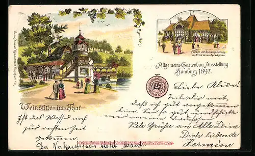 Lithographie Hamburg, Allgemeine Gartenbau-Ausstellung 1897, Weinhütte & Pavillon der Samenhandlung Spreckelsen