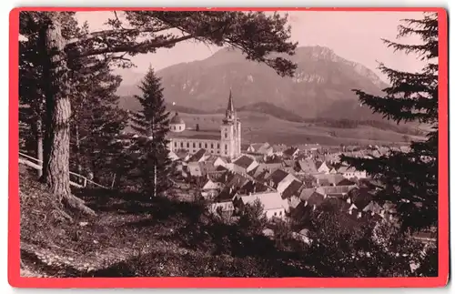 Fotografie Nicolaus Kuss, Mariazell, Ansicht Mariazell, Blick aus dem Wald auf den Ort mit der Basilika Mariazell