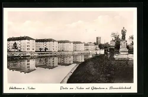 AK Heilbronn a. Neckar, Partie am Neckar mit Götzenturm u. Bismarckdenkmal