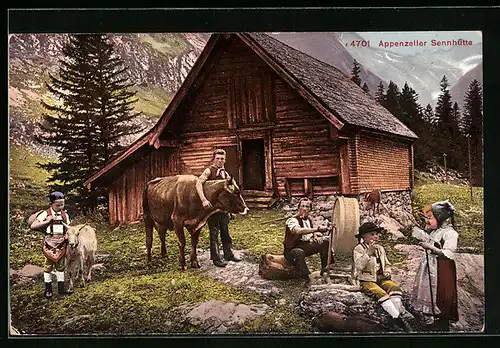 AK Appenzeller-Sennhütte, Familie in Tracht