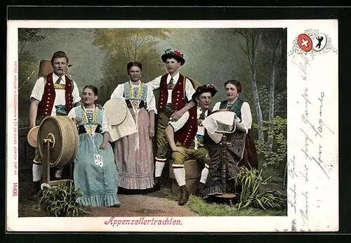 AK Gesellschaft in Appenzeller-Trachten mit Stickrahmen