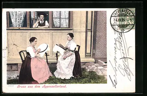 AK Appenzellerland, Schweizerinnen in Tracht beim Sticken